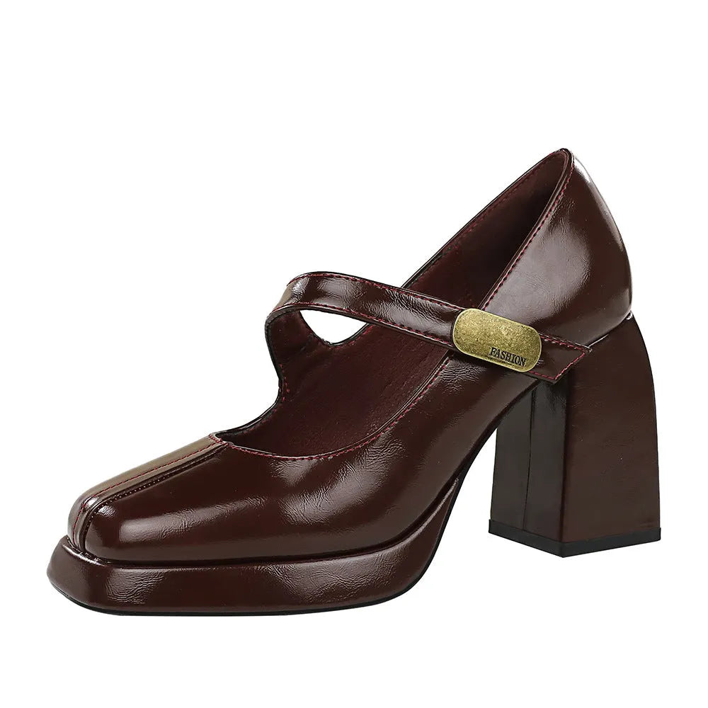 Retro platform high heel sandals with metal buckle strap in Anchor Red colour, square toe and square heel