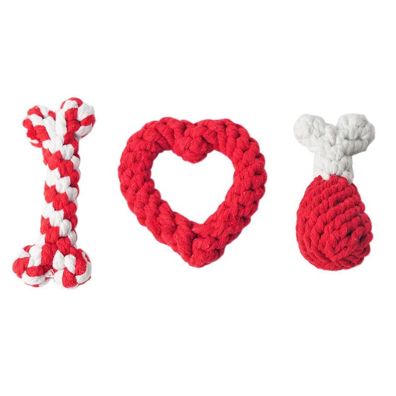 Red and white cotton rope dog knot toy in bone shape – 15cm long, suitable for small dog teething and interactive play