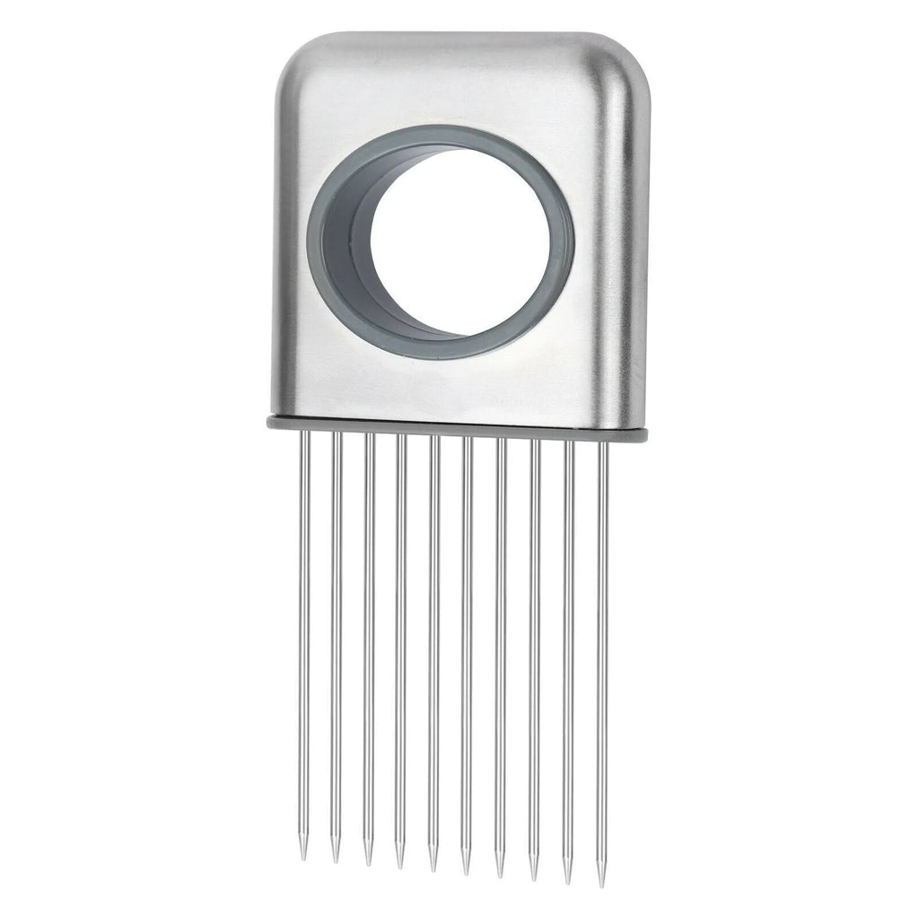 Stainless steel onion holder with prongs and finger guard for slicing vegetables