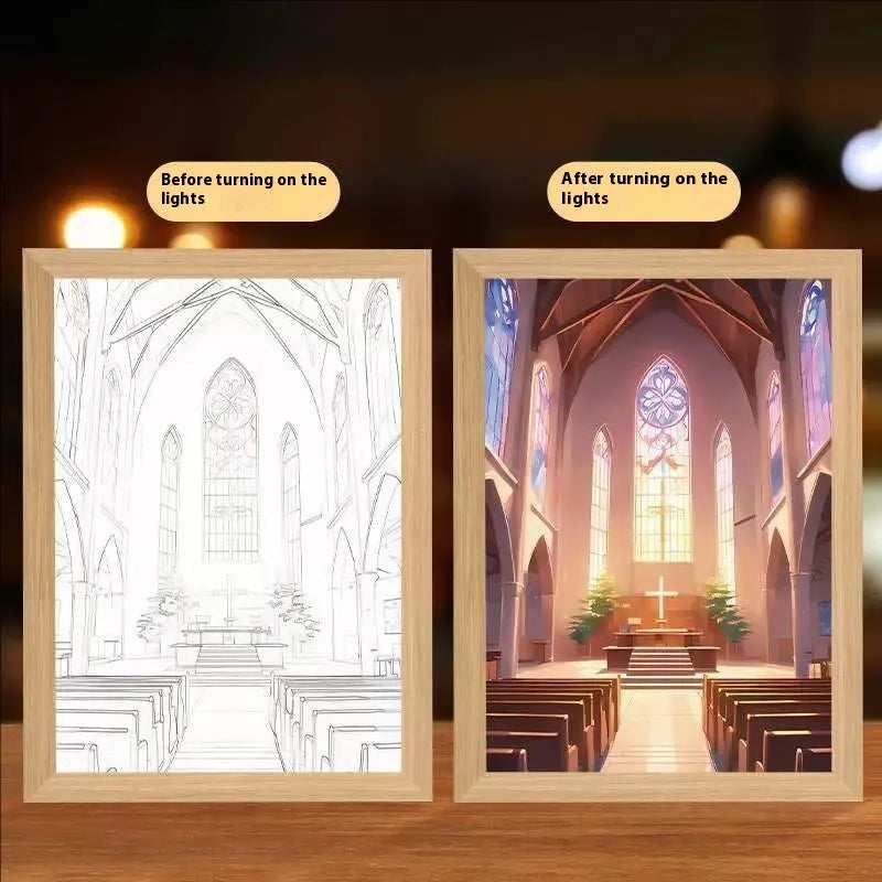 Modern rectangular handmade picture frame with illuminated spiritual artwork, showing USB cable.