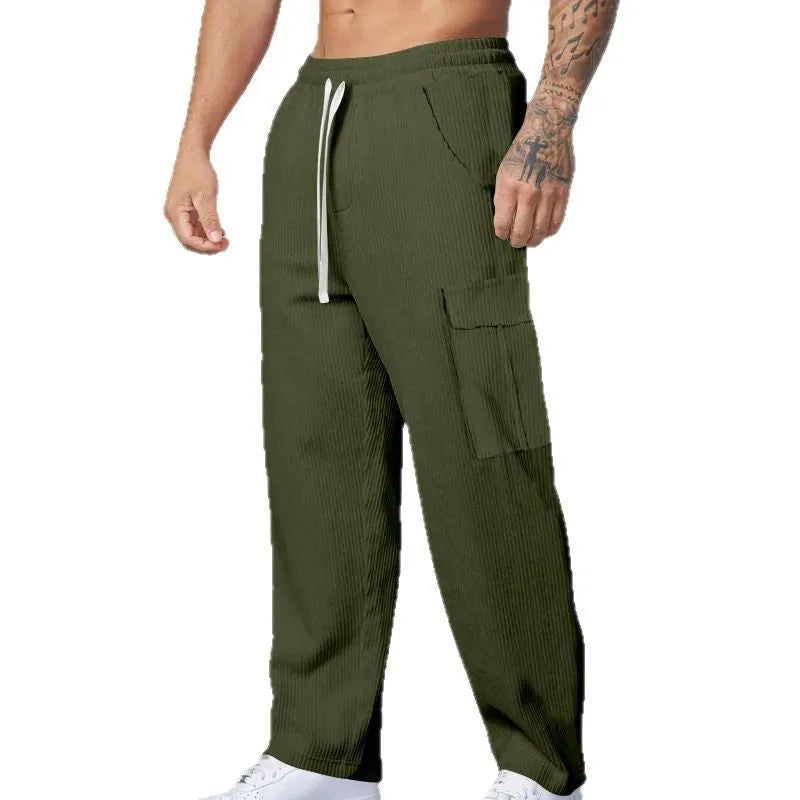 Men's corduroy cargo trousers in navy blue with straight-leg wide-cut design and drawstring waist
