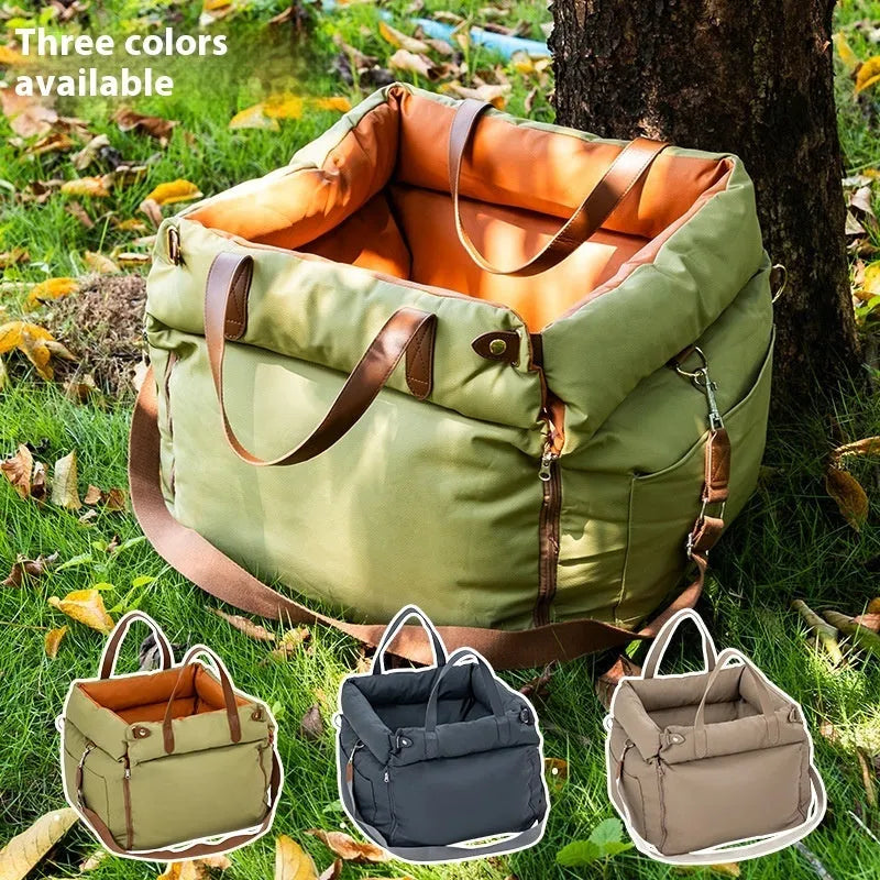 Portable cloth car kennel for cats showing brown colour option with removable washable cover