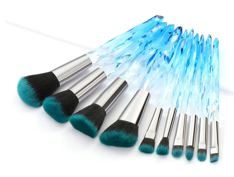 Ten clear crystal handle foundation brushes with artificial fibre bristles in four colours