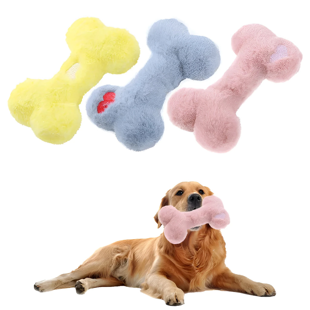 Blue bone-shaped plush dog toy with squeaker and grinding teeth texture for interactive play