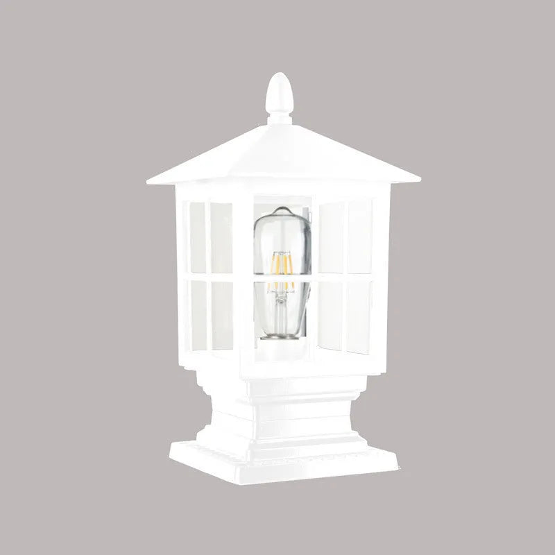 Black outdoor alloy pillar lamp on a brick wall, 180x345mm waterproof lighting fixture
