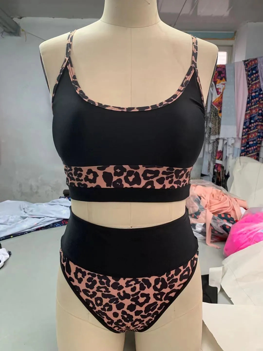 Women's high waist split bikini swimsuit in leopard print or white colour with top and shorts