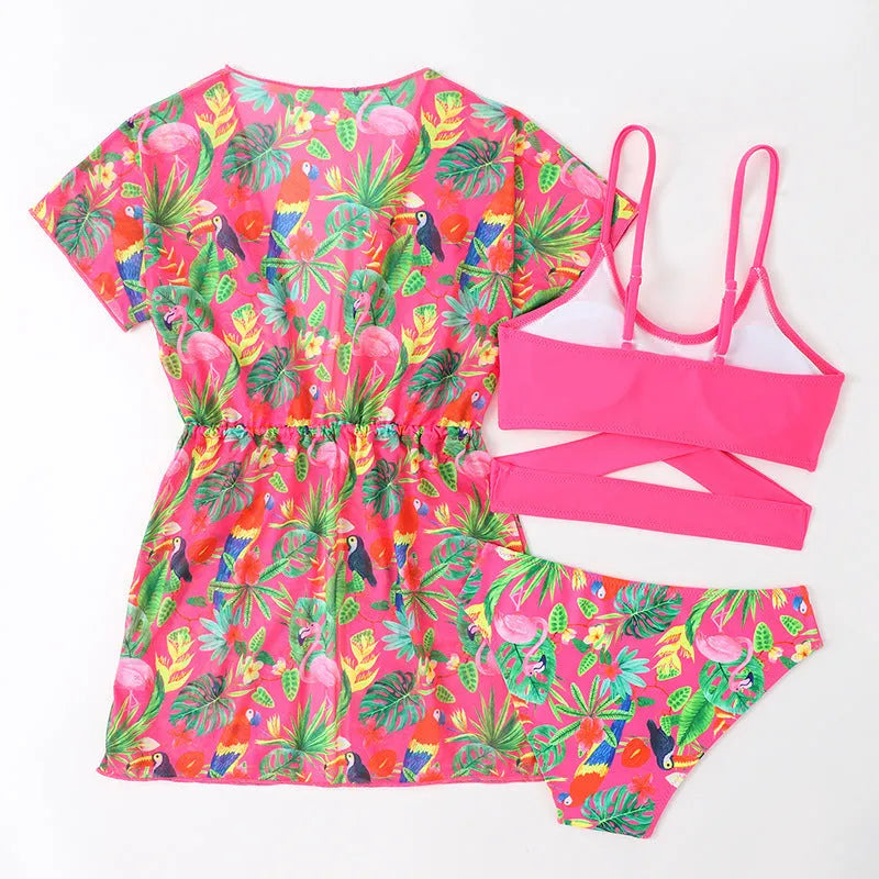 Girls floral split overlay bikini swimsuit in bright picture colour pattern for swimming activities