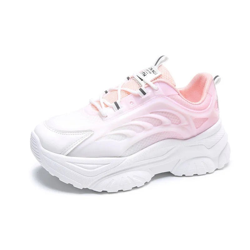Women's pink satin lace-up casual shoes with round toe on a white background.
