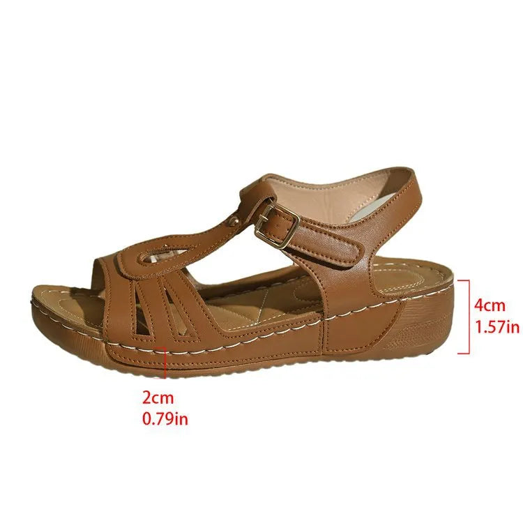 Women's casual PU sandals with ankle-strap buckle, round toe, dark brown colour