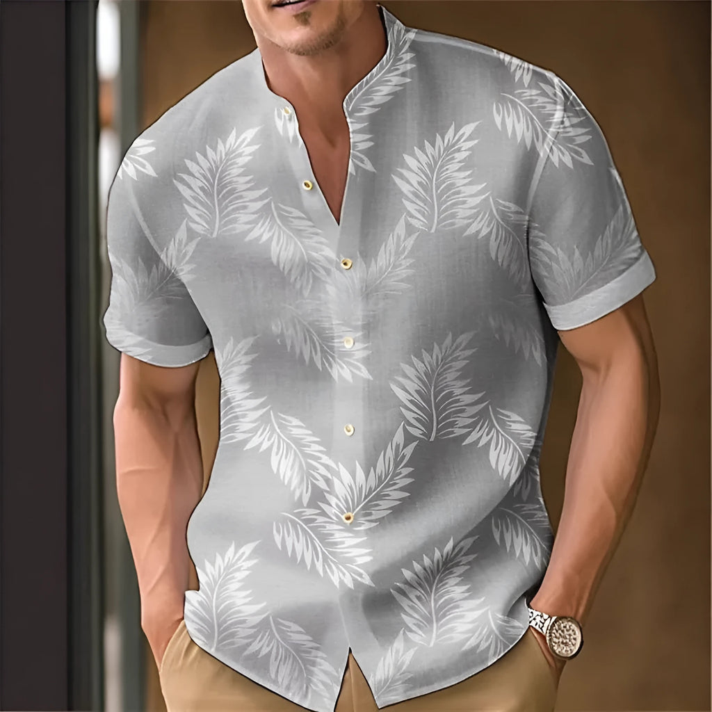 Men's printed casual polyester shirt on a hanger, showing one of eight available colour options.