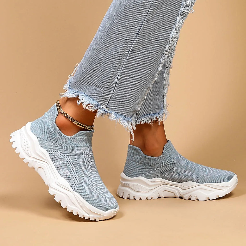Light blue women's mesh slip-on shoes with round toe and mid heel