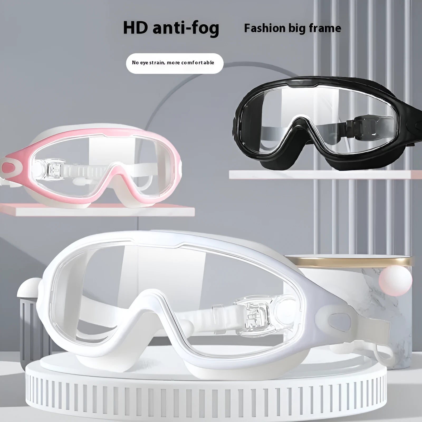 HD anti-fog large frame swimming goggles for adults, clear lenses