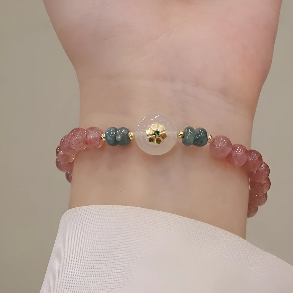 New Chinese style women's bracelet with strawberry quartz, blue water emerald pendant, geometric design