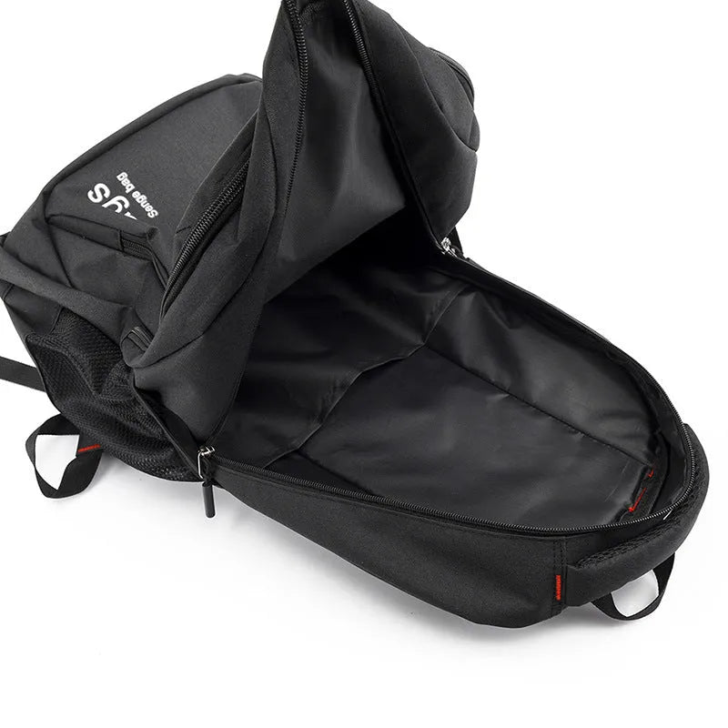 Street-style nylon backpack in light grey showing internal laptop compartment and organised pockets.