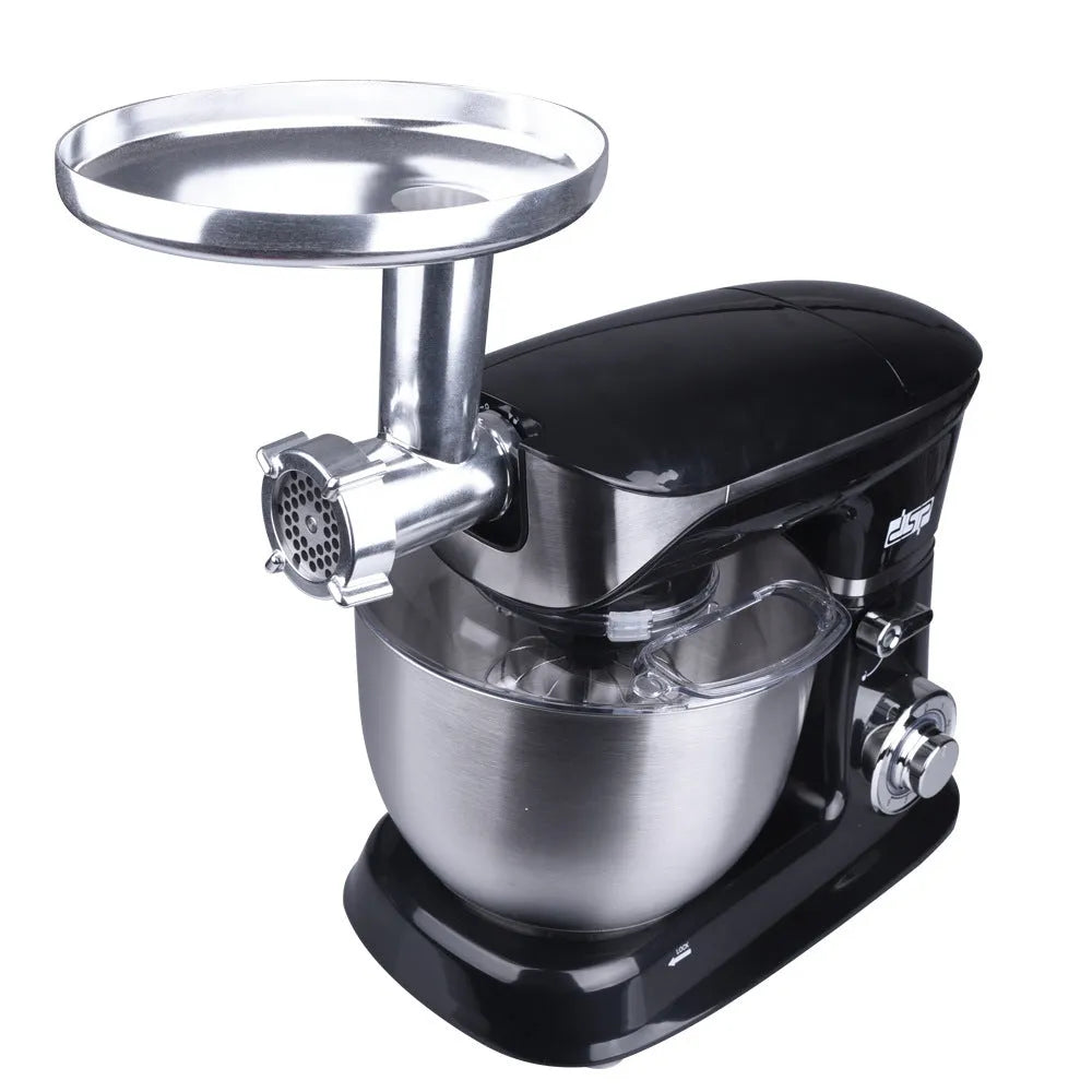 Black three-in-one household kitchen machine with juicer, dough mixer, and meat mincer functions on countertop