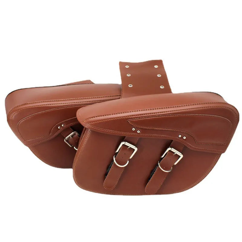 Retro brown PU leather motorcycle side box saddle bag mounted on a bike