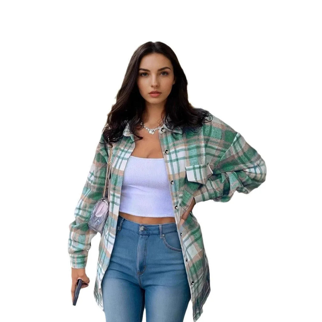 Women's lapel plaid long sleeve shirt jacket in blue and green casual cardigan style polyester