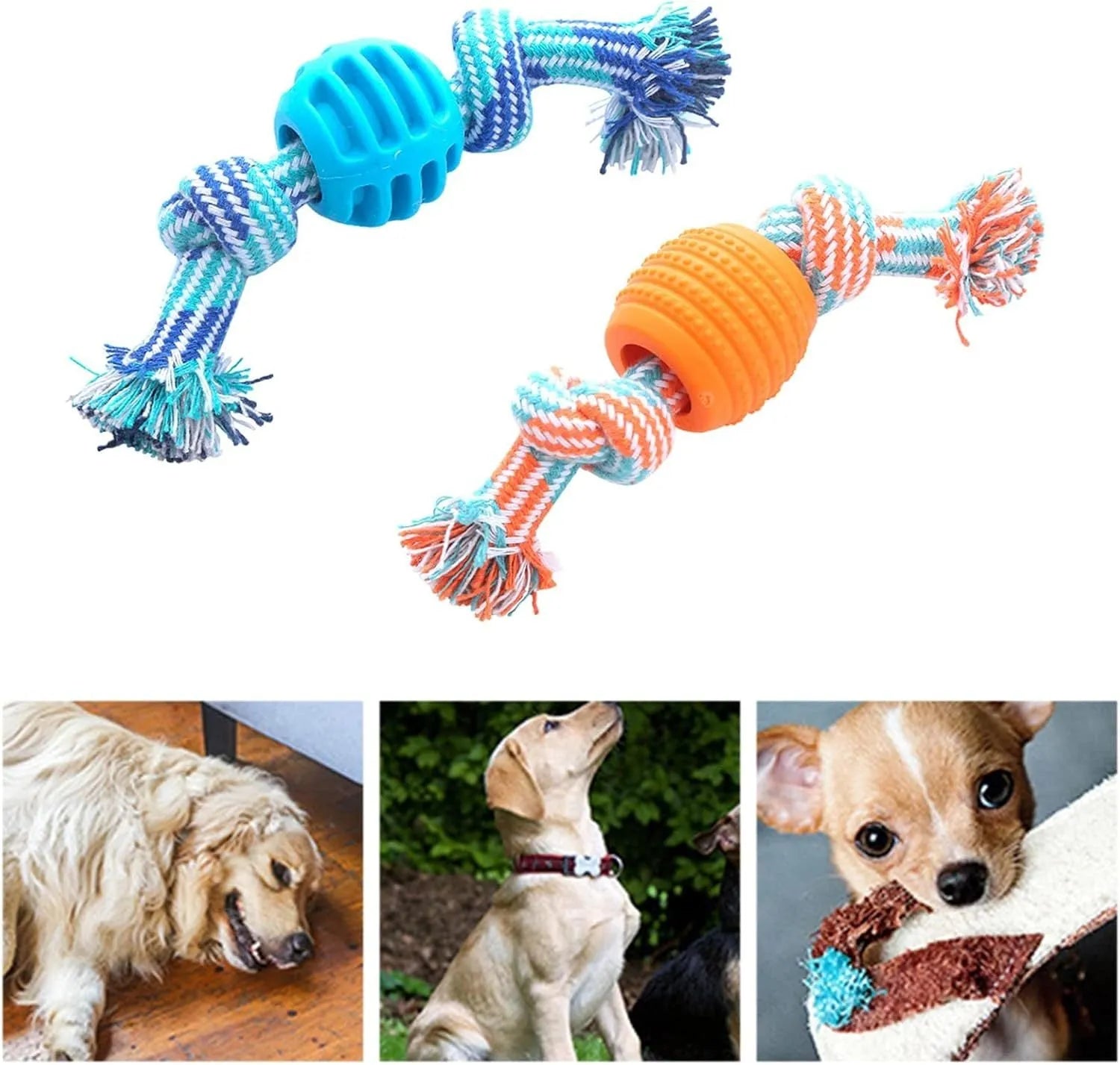 Blue dog chew toy with rope strands and molar cleaning textured surfaces