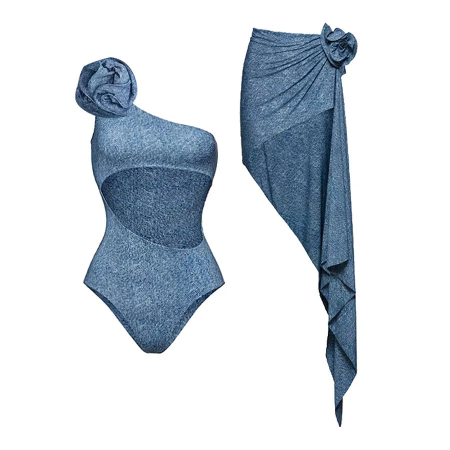 Women's one-shoulder cowboy print one-piece swimsuit with hollow-out detailing.