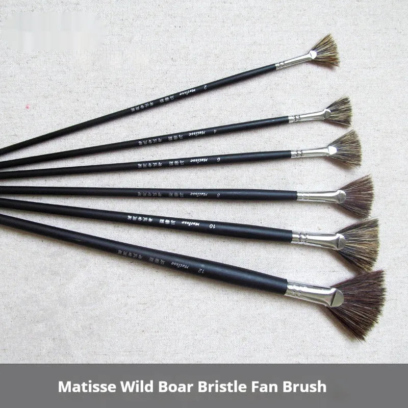 Mattis fan-shaped painting brush set, six black brushes with wild boar mane bristles and birch handles