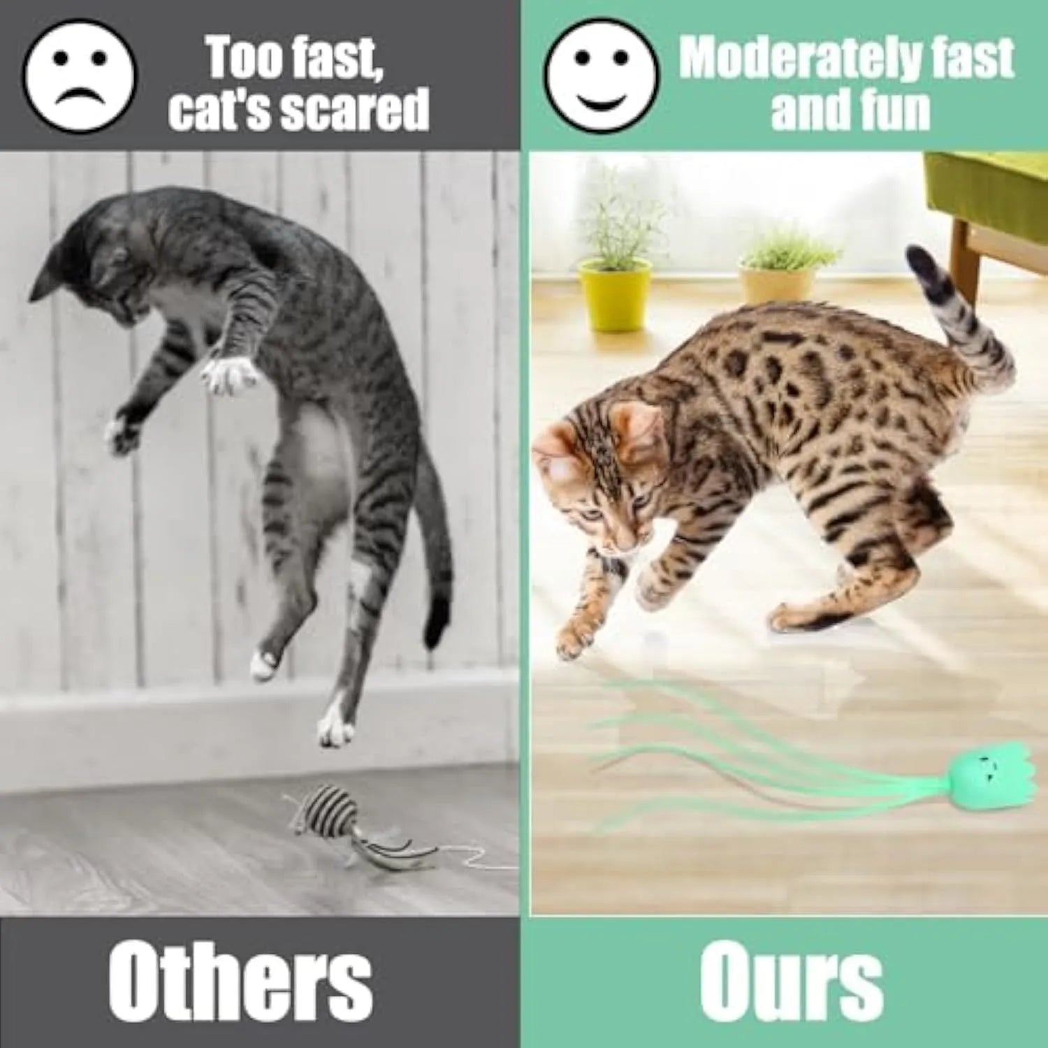Electronic cat toy with swinging green silicone tail on plastic base
