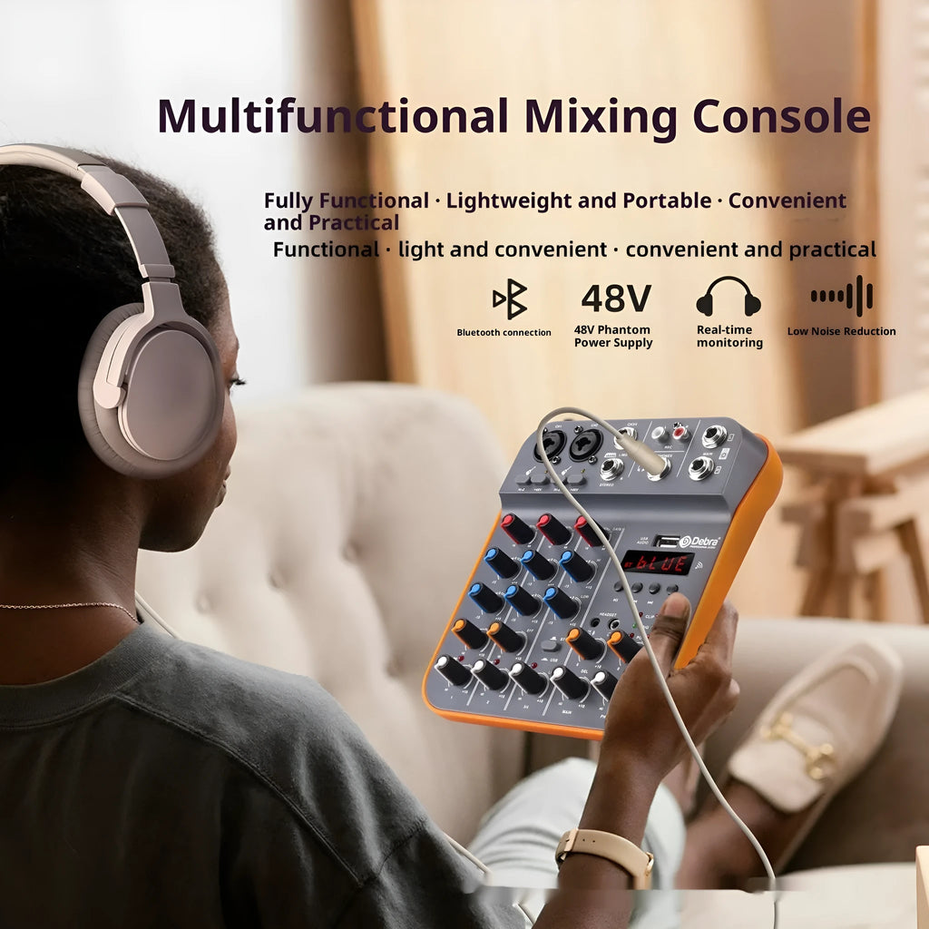 D4M USB reverb audio mixer, plastic housing, 26x22.5x8cm, with power cord and manual