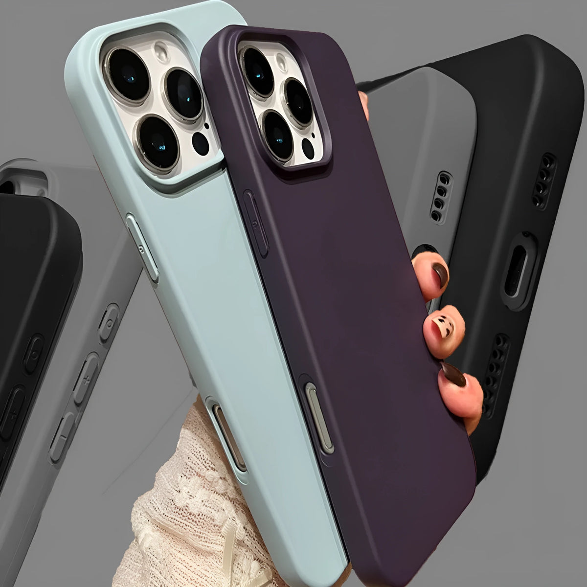TPU liquid magnetic phone case for iPhone with big hole camera cut-out in antique white, black and sapphire blue