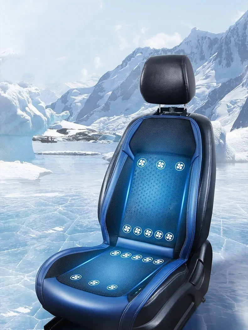 Car cooling seat pad with ventilation system in minimalist black design for single seat installation