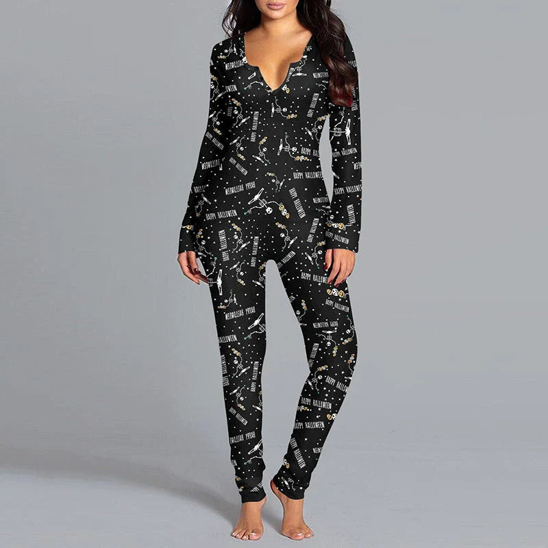 A comfortable and stylish Halloween-themed cotton pajama jumpsuit with long sleeves, available in a variety of festive colors.