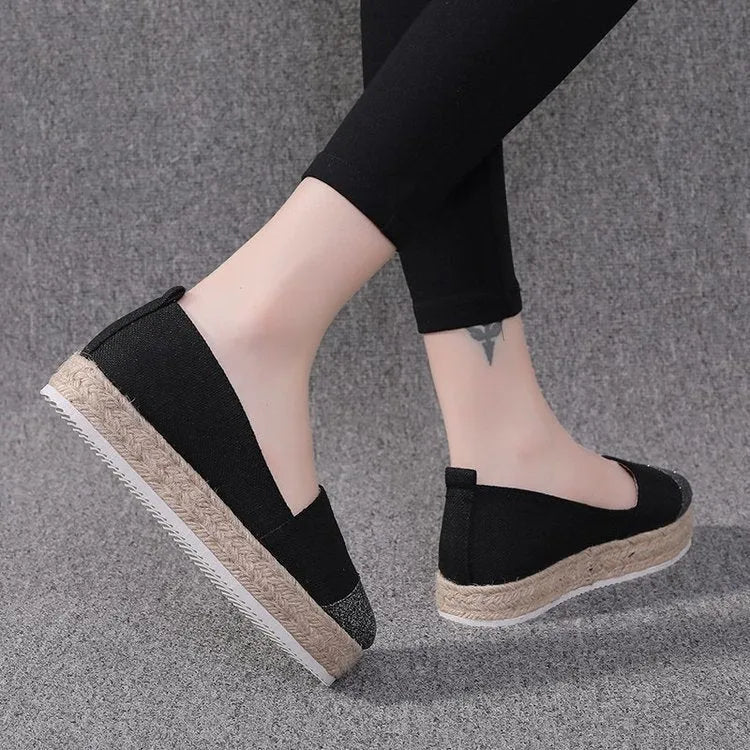 Plus size canvas oversleeve flat shoes in breathable cloth material showing round toe design