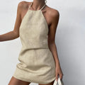 Women's solid colour cotton-linen summer dress with A-line skirt silhouette on hanger