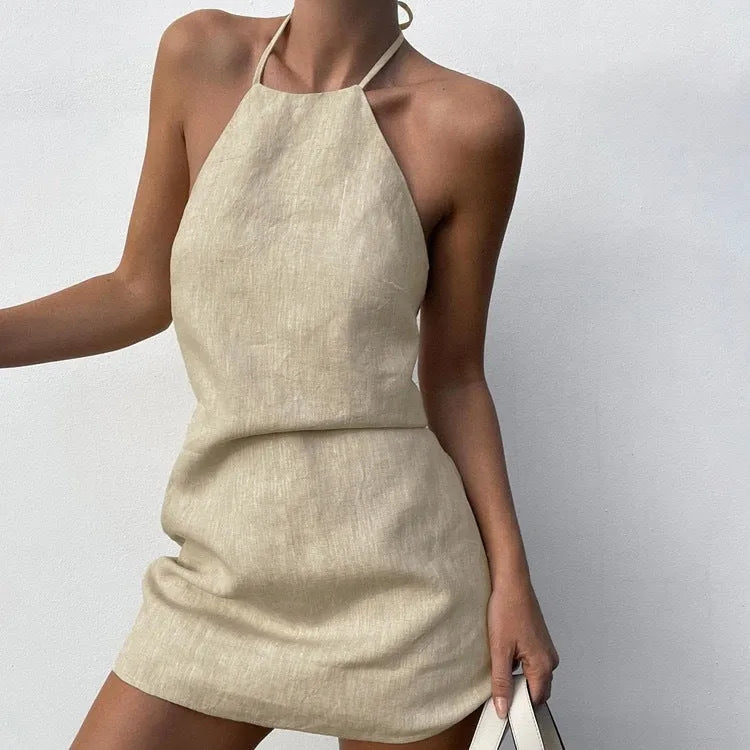 Women's solid colour cotton-linen summer dress with A-line skirt silhouette on hanger