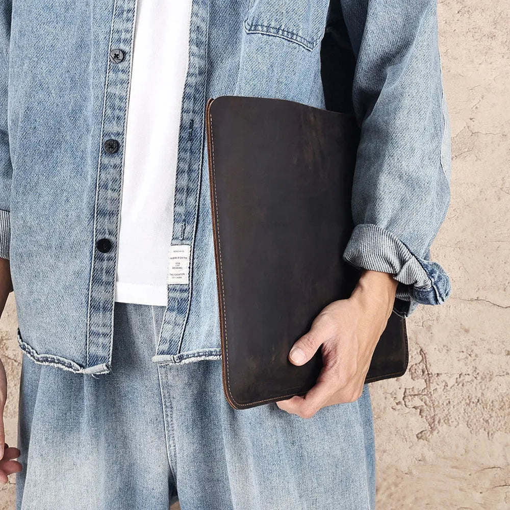 Brown genuine leather computer bag with horizontal laptop sleeve compartment
