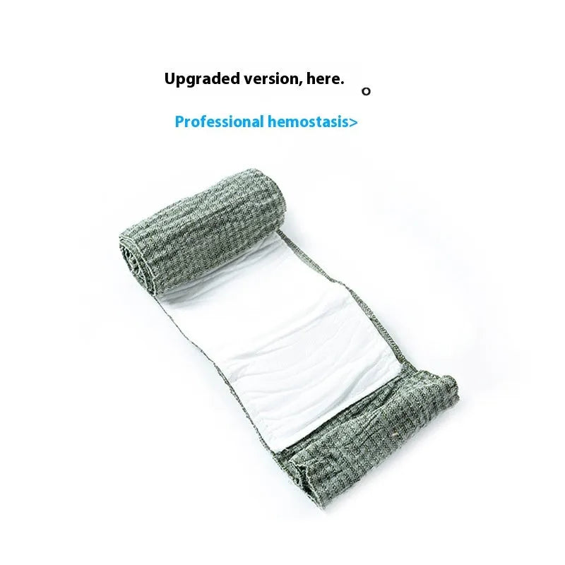Portable hemostatic bandage kit with roll of tactical gauze tape for first aid and outdoor use.