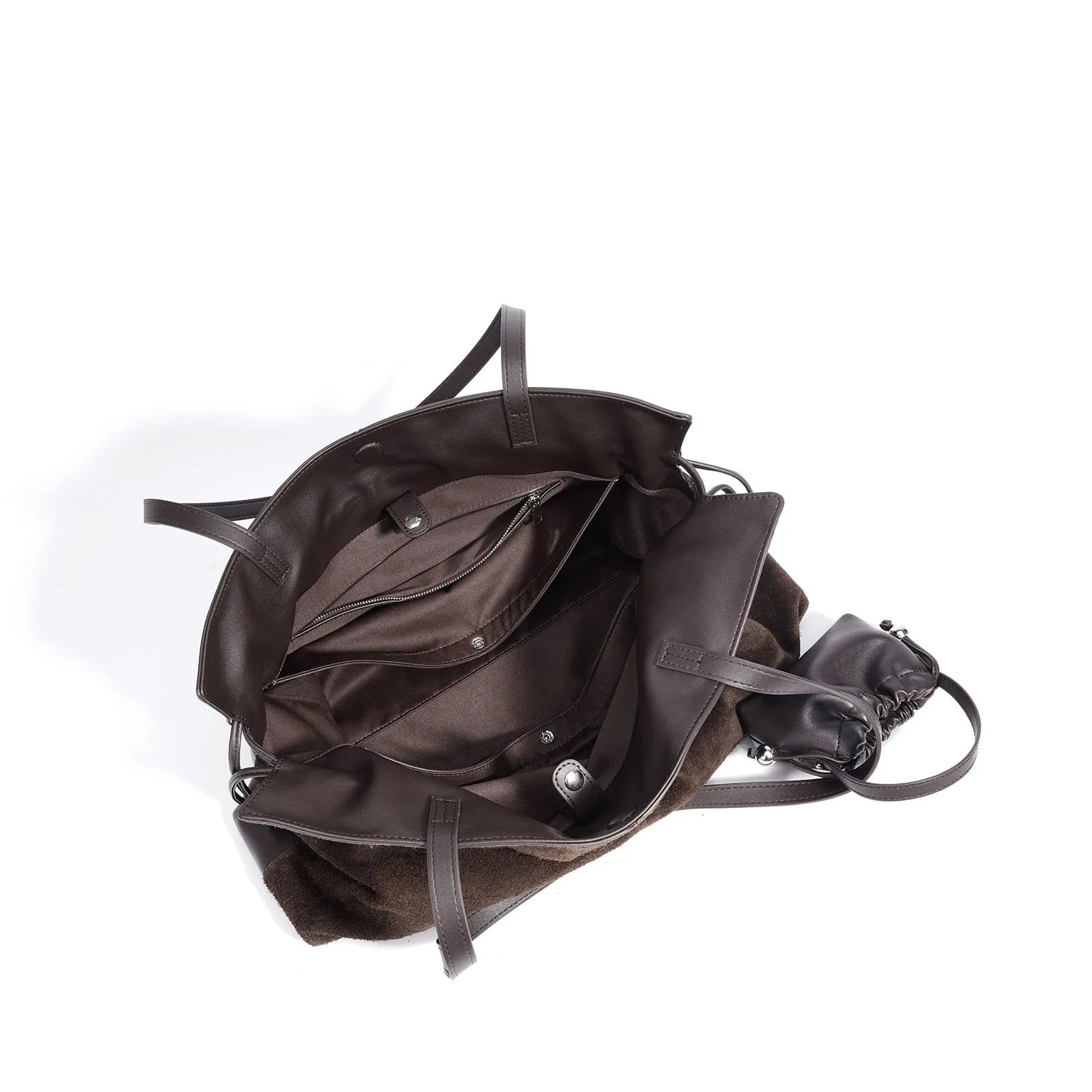 Cortical women's spliced casual crossbody bag in brown genuine suede leather with patchwork detail and crossbody strap