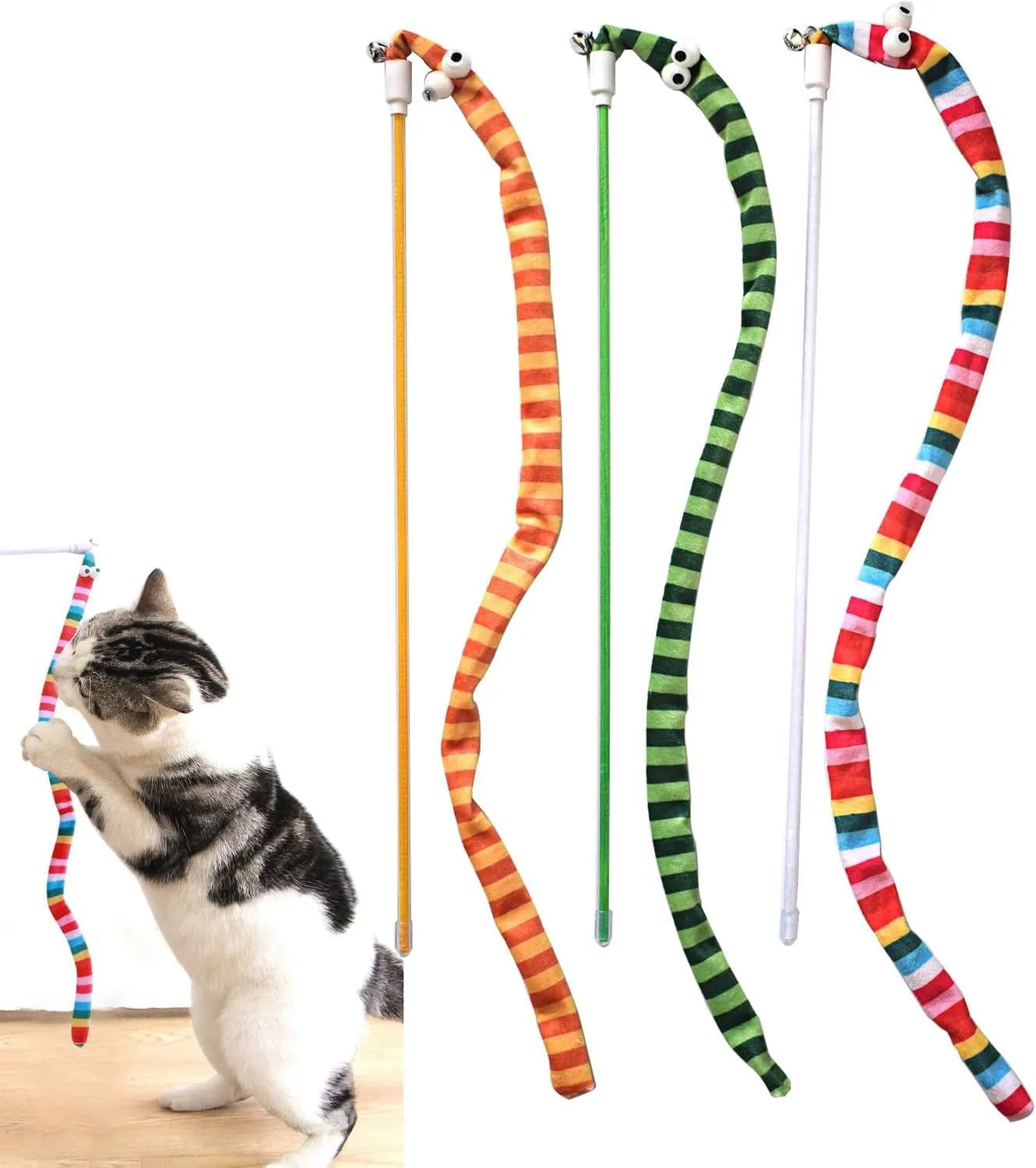 Cat wand toy with colourful plush strip and bell on a polycarbonate pole.