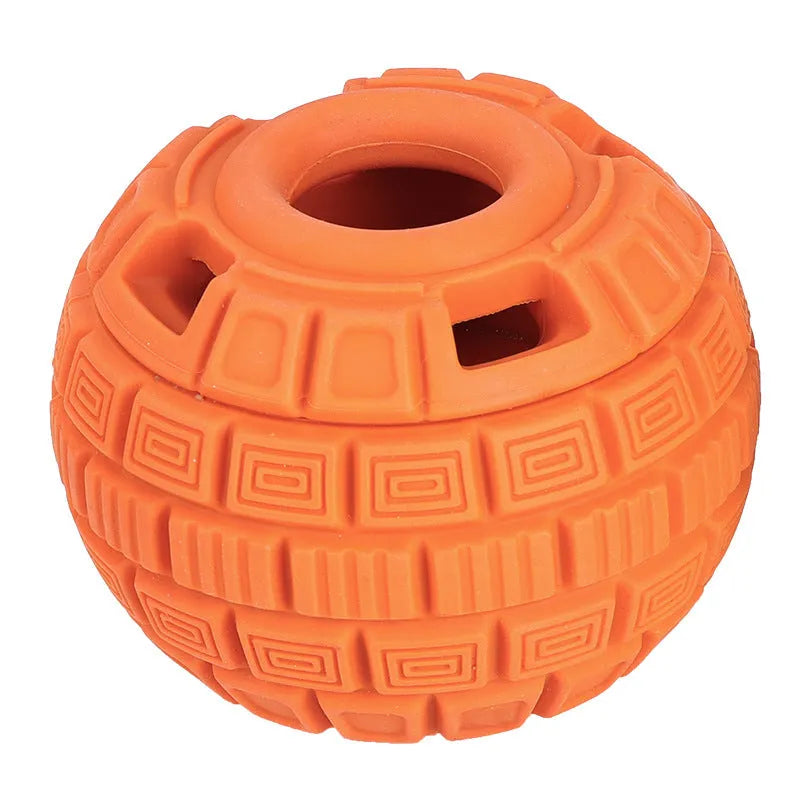 Green and orange natural rubber food dropping ball pet toy measuring 14cm