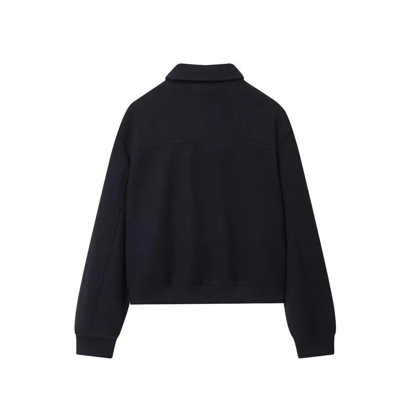 Women's black PU turn-down collar coat with zipper, long sleeves, casual Japanese Korean style
