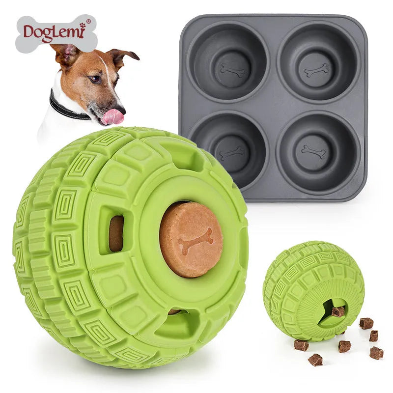 Green and orange natural rubber food dropping ball pet toy measuring 14cm
