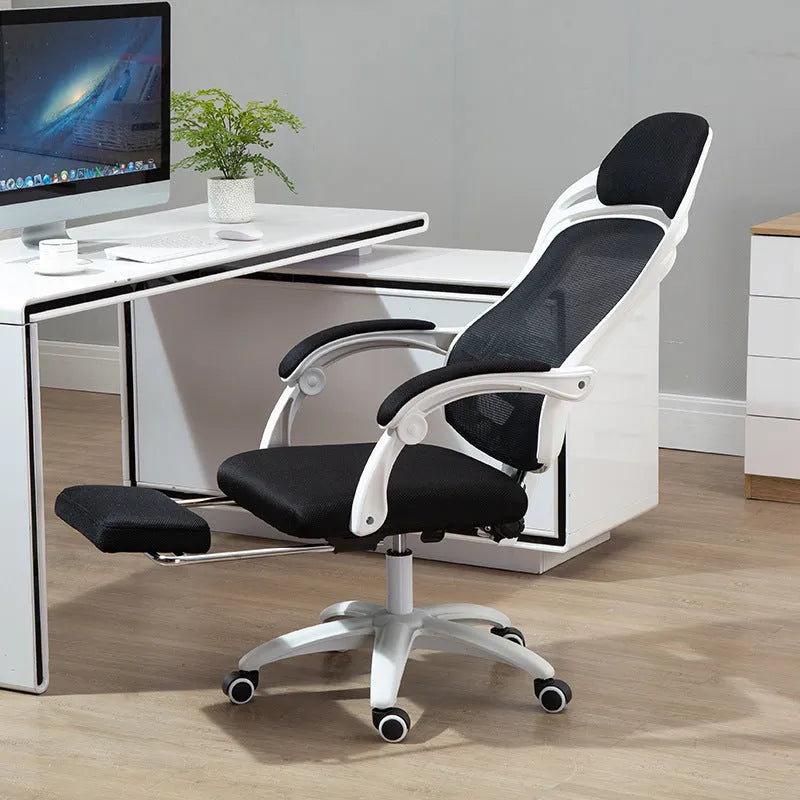 Black rotating office chair with linkage armrests and high resilience sponge seat cushion on nylon wheels