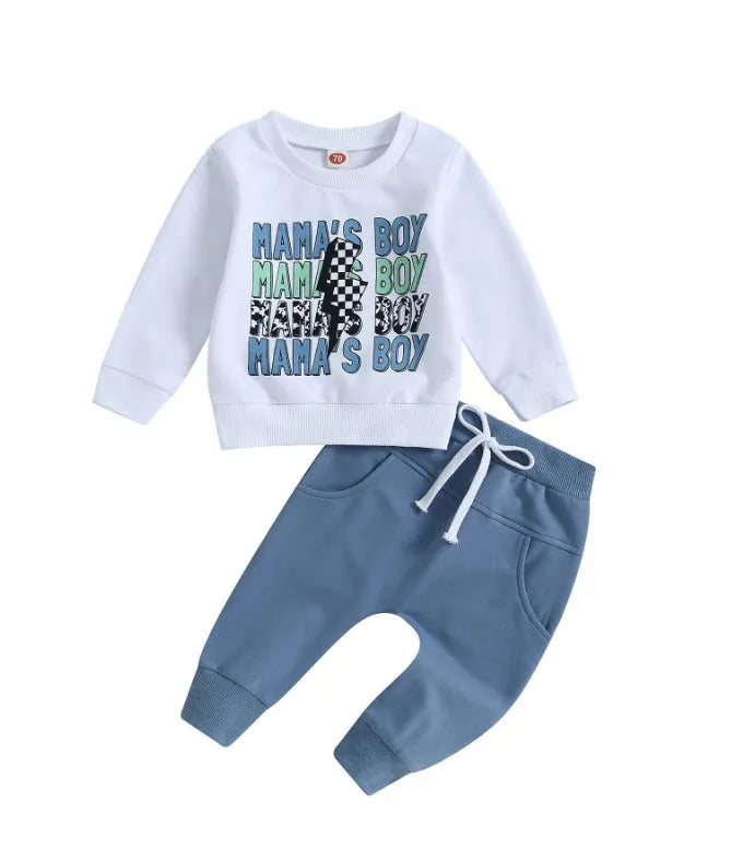 White casual boy's letter floral print long sleeve pullover cotton trousers suit for heights up to 110cm