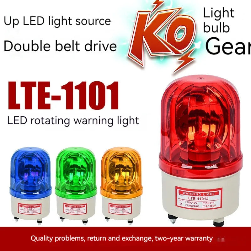 LTE-1101J industrial rotating strobe warning light with sound alarm, shown with red lens.