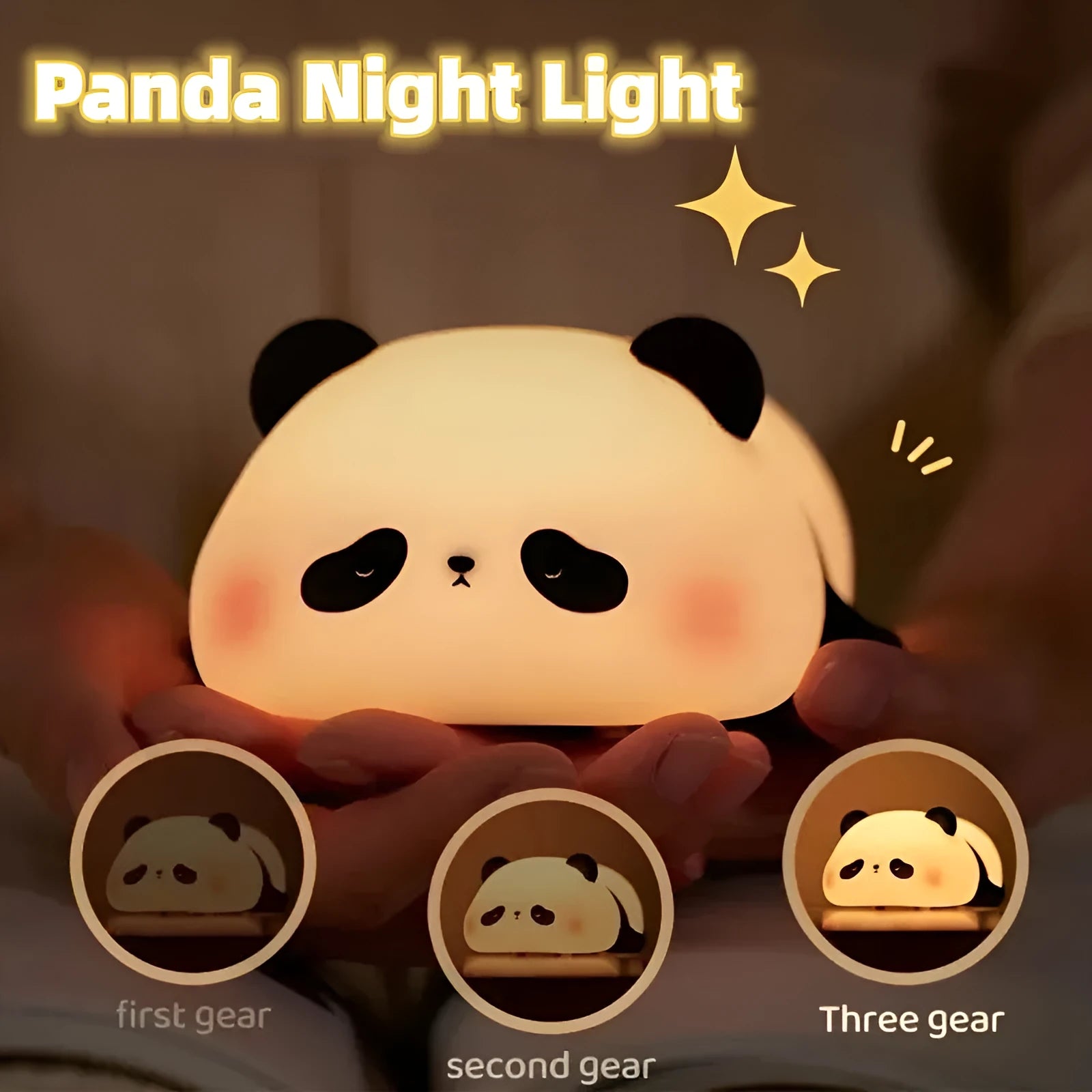 Cute cartoon panda silicone night light for children on a bedside table.