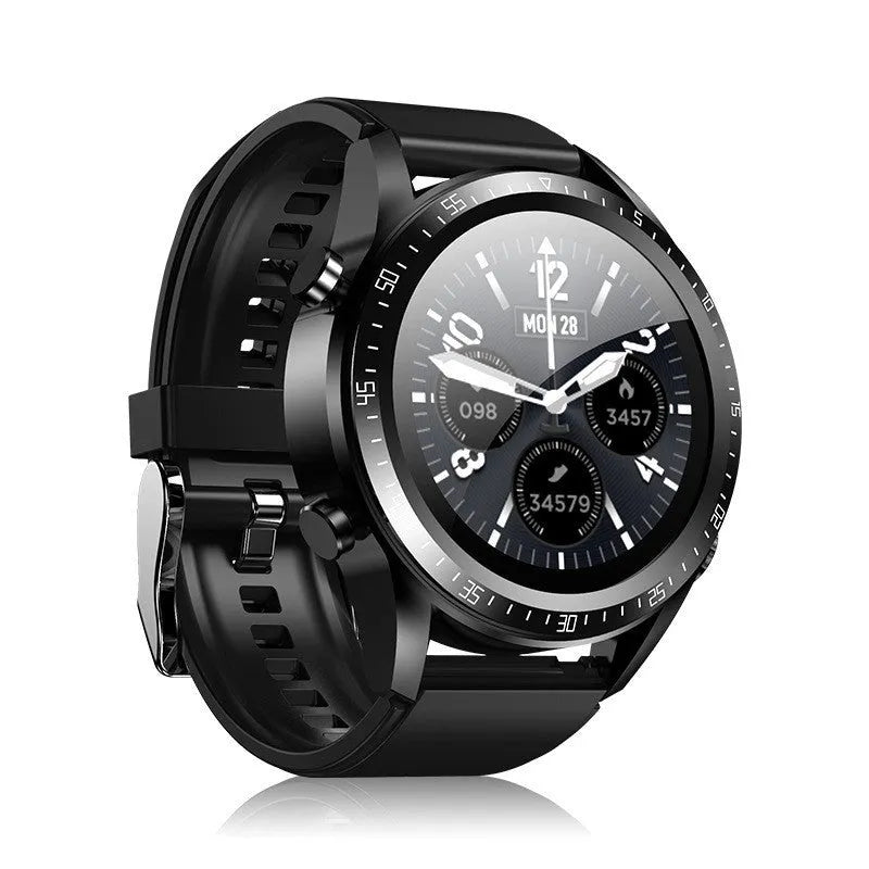 Black smart watch with blood pressure monitoring on a silicone wrist strap showing its 1.28 inch screen