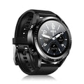 Black smart watch with blood pressure monitoring on a silicone wrist strap showing its 1.28 inch screen