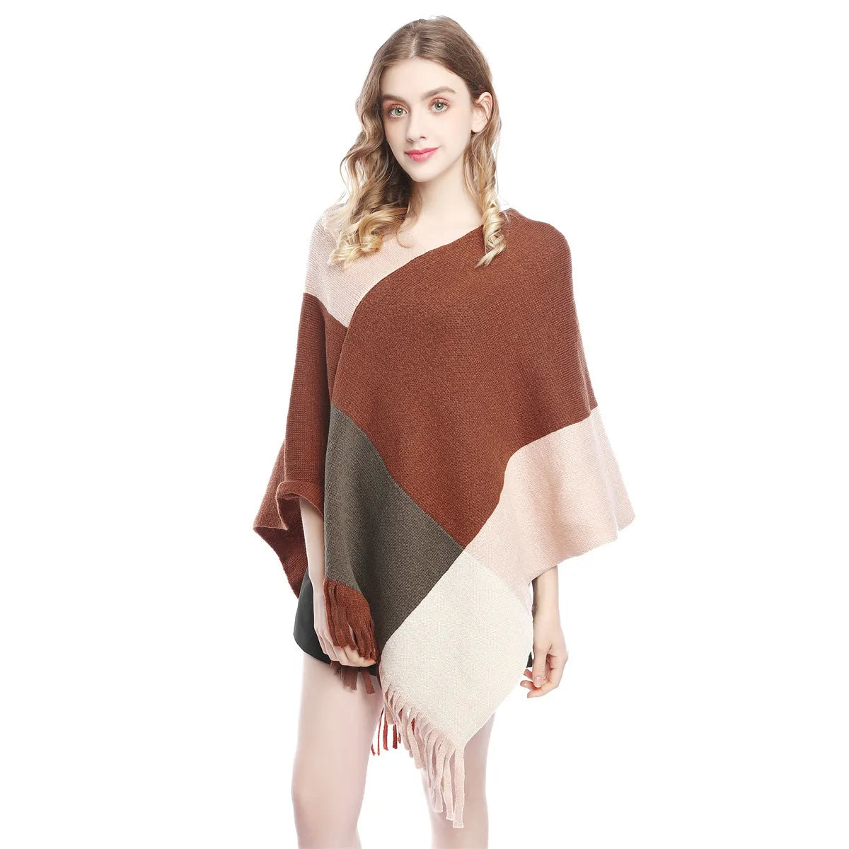 Women's plaid knitted shawl cape with colour contrast patchwork, 60-80cm length, acrylic and artificial wool.