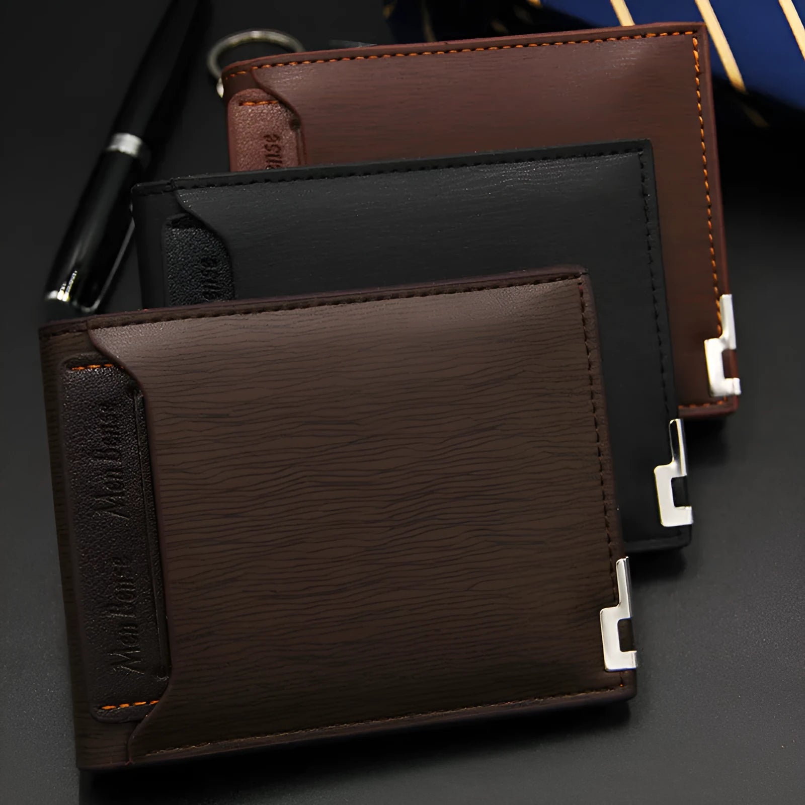 Men's black PU leather short wallet showing iron-edge card-picking design.