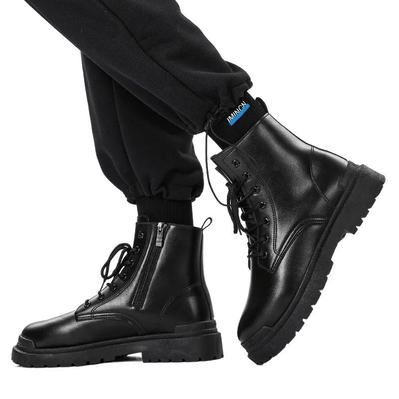Men's black mid-top leather-style boot with a flat rubber sole.