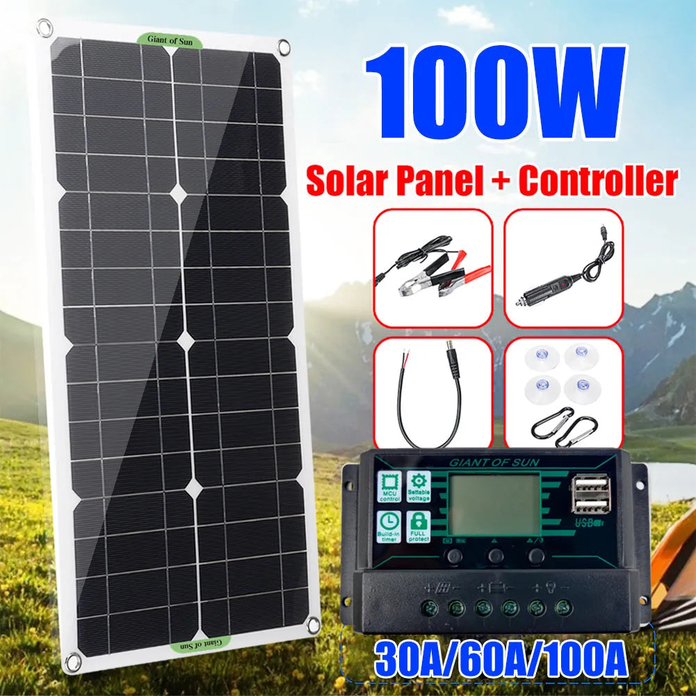 Black semi-flexible 30W solar panel showing USB charging port for outdoor use.