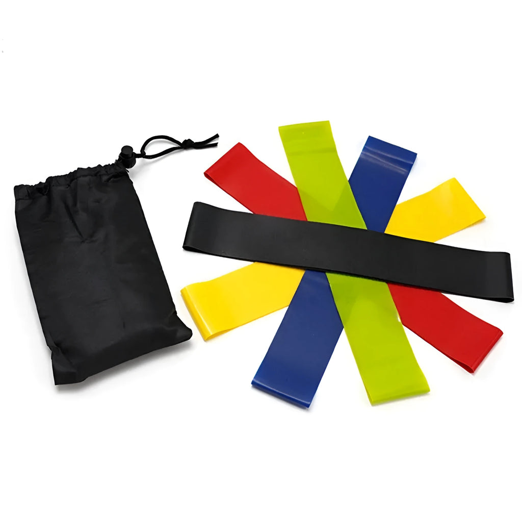 Five TPE resistance bands set for legs and butt exercise with cloth bag and manual, colour options.